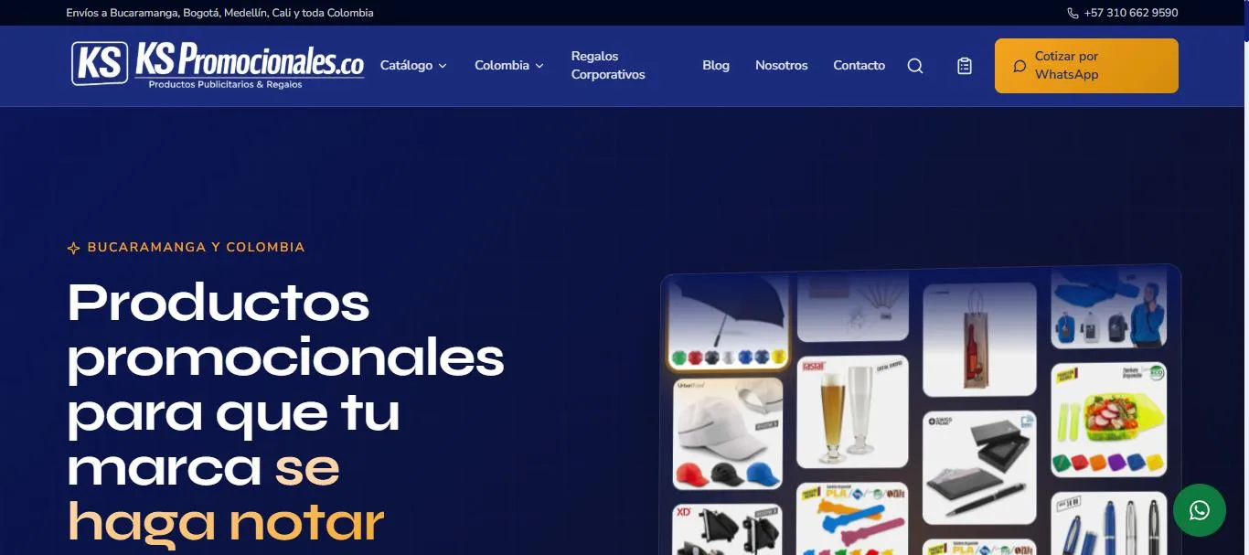 Página de inicio de KS Promocionales Colombia con el titular «Productos promocionales para que tu marca se haga notar» y el botón Cotizar por WhatsApp