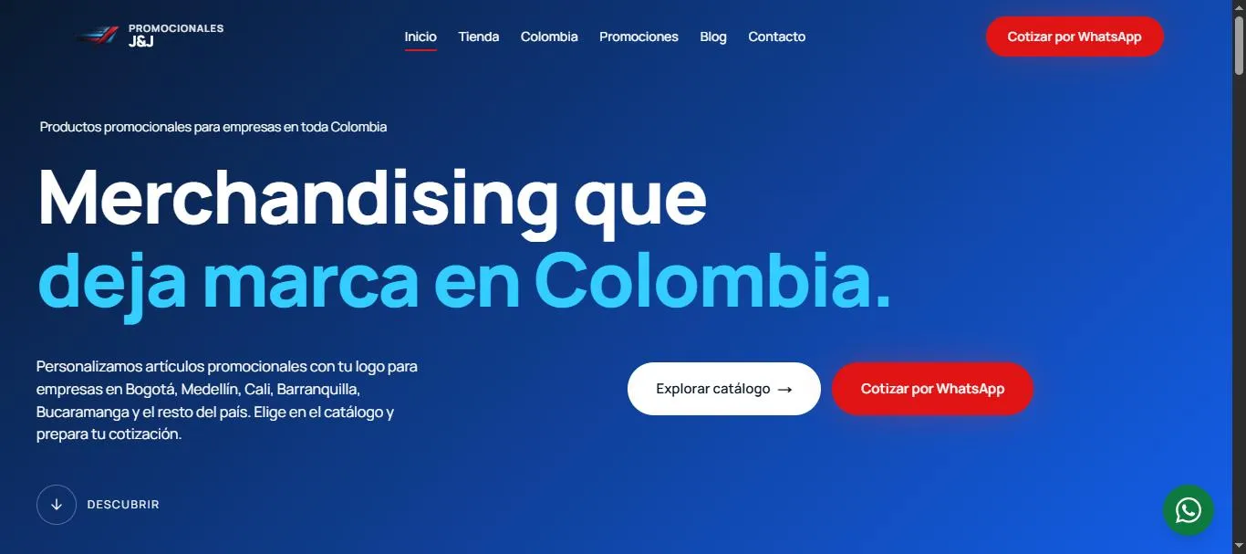 Página de inicio de Promocionales J&J con el titular «Merchandising que deja marca en Colombia» y los botones Explorar catálogo y Cotizar por WhatsApp